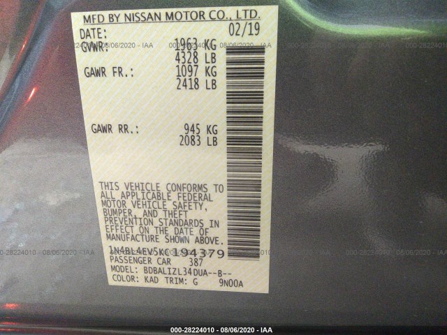 Photo 8 VIN: 1N4BL4EV5KC194379 - NISSAN ALTIMA 