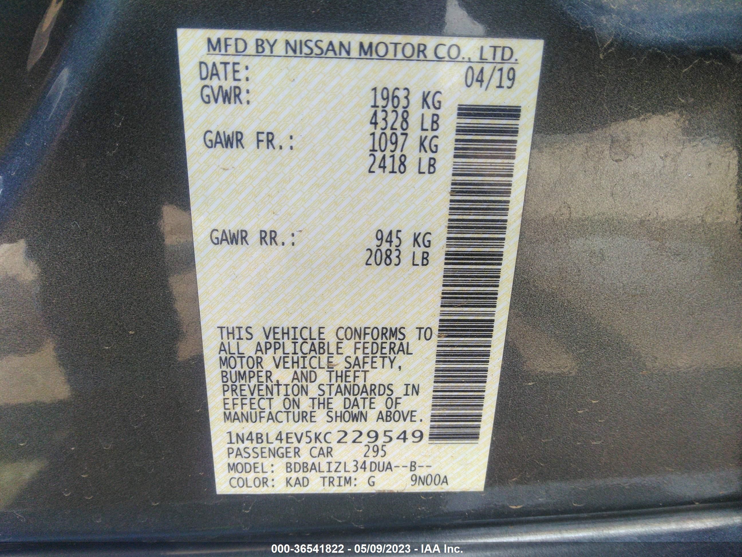 Photo 8 VIN: 1N4BL4EV5KC229549 - NISSAN ALTIMA 