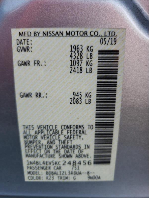 Photo 9 VIN: 1N4BL4EV5KC248456 - NISSAN ALTIMA SL 