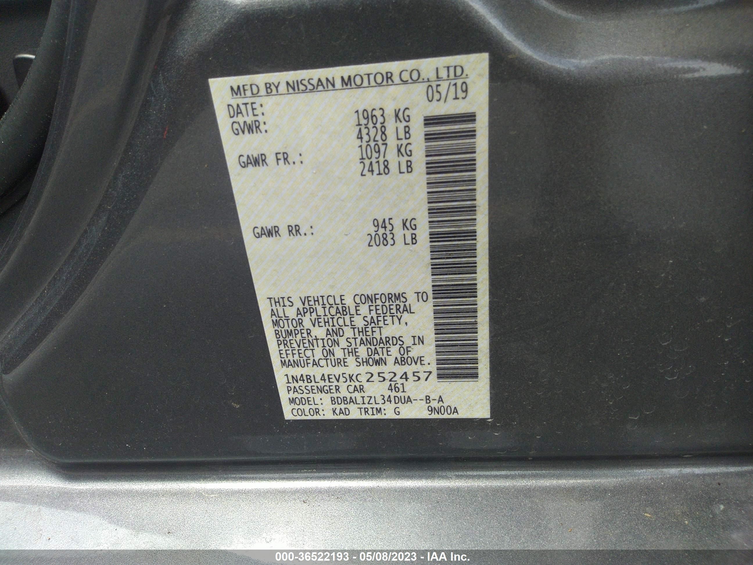 Photo 8 VIN: 1N4BL4EV5KC252457 - NISSAN ALTIMA 