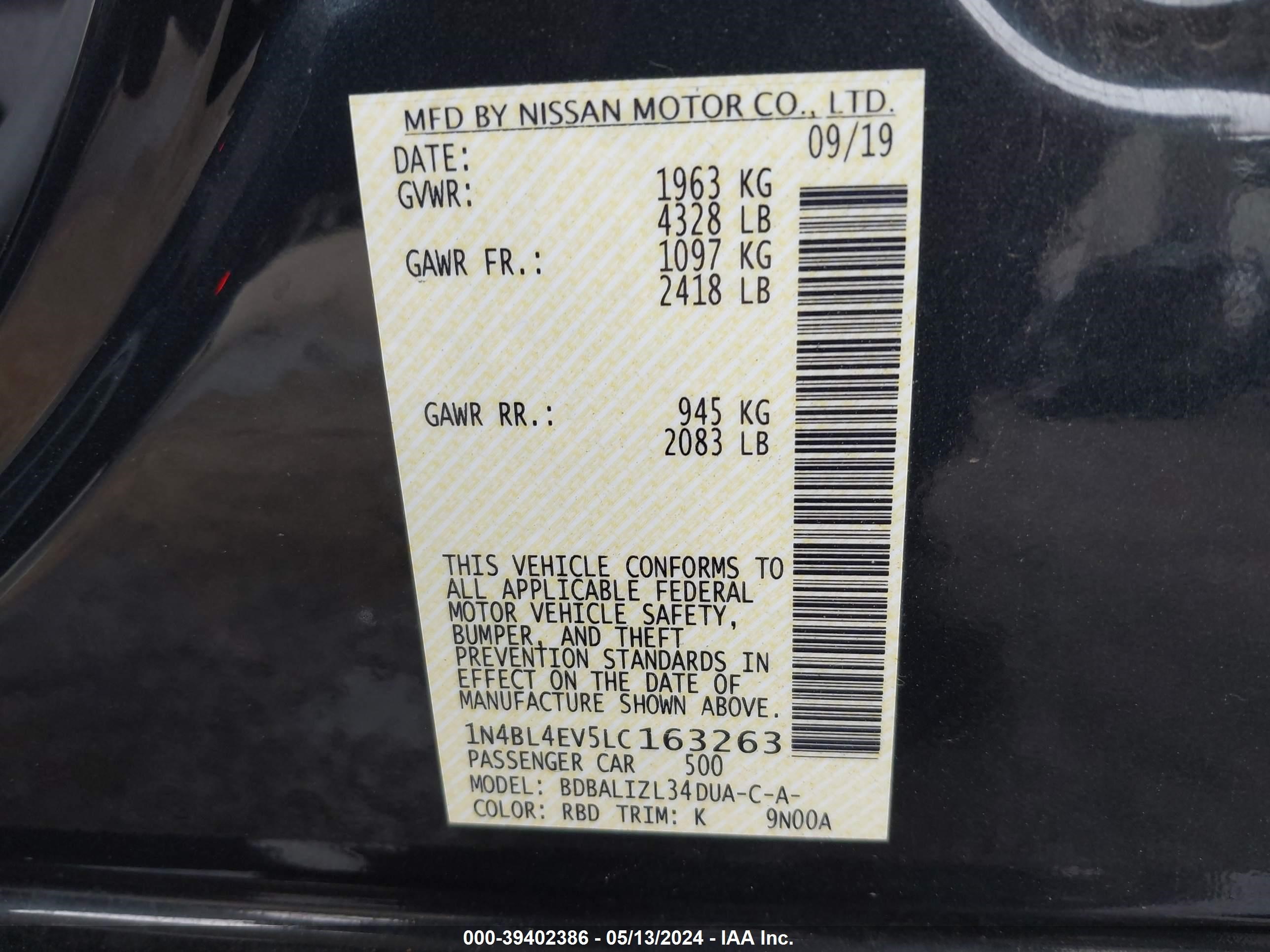 Photo 8 VIN: 1N4BL4EV5LC163263 - NISSAN ALTIMA 