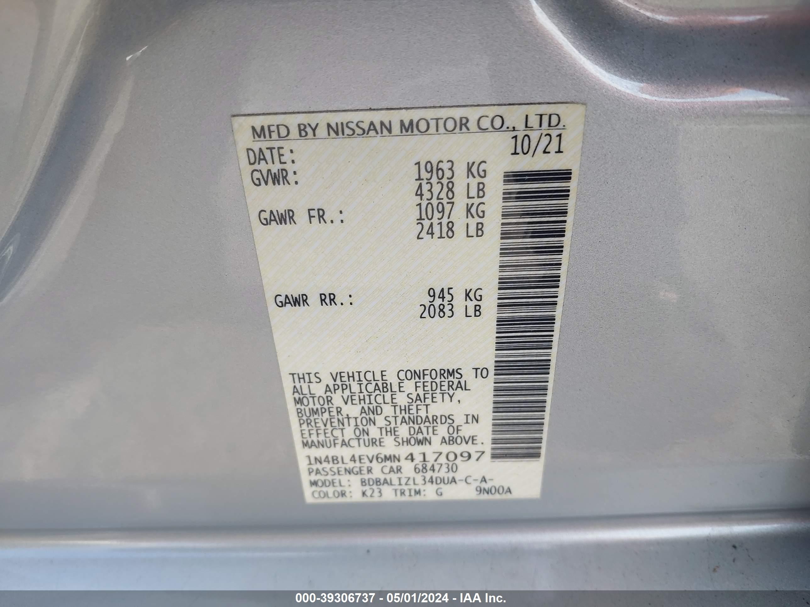 Photo 8 VIN: 1N4BL4EV6MN417097 - NISSAN ALTIMA 