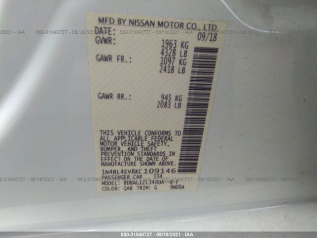 Photo 8 VIN: 1N4BL4EV8KC109146 - NISSAN ALTIMA 