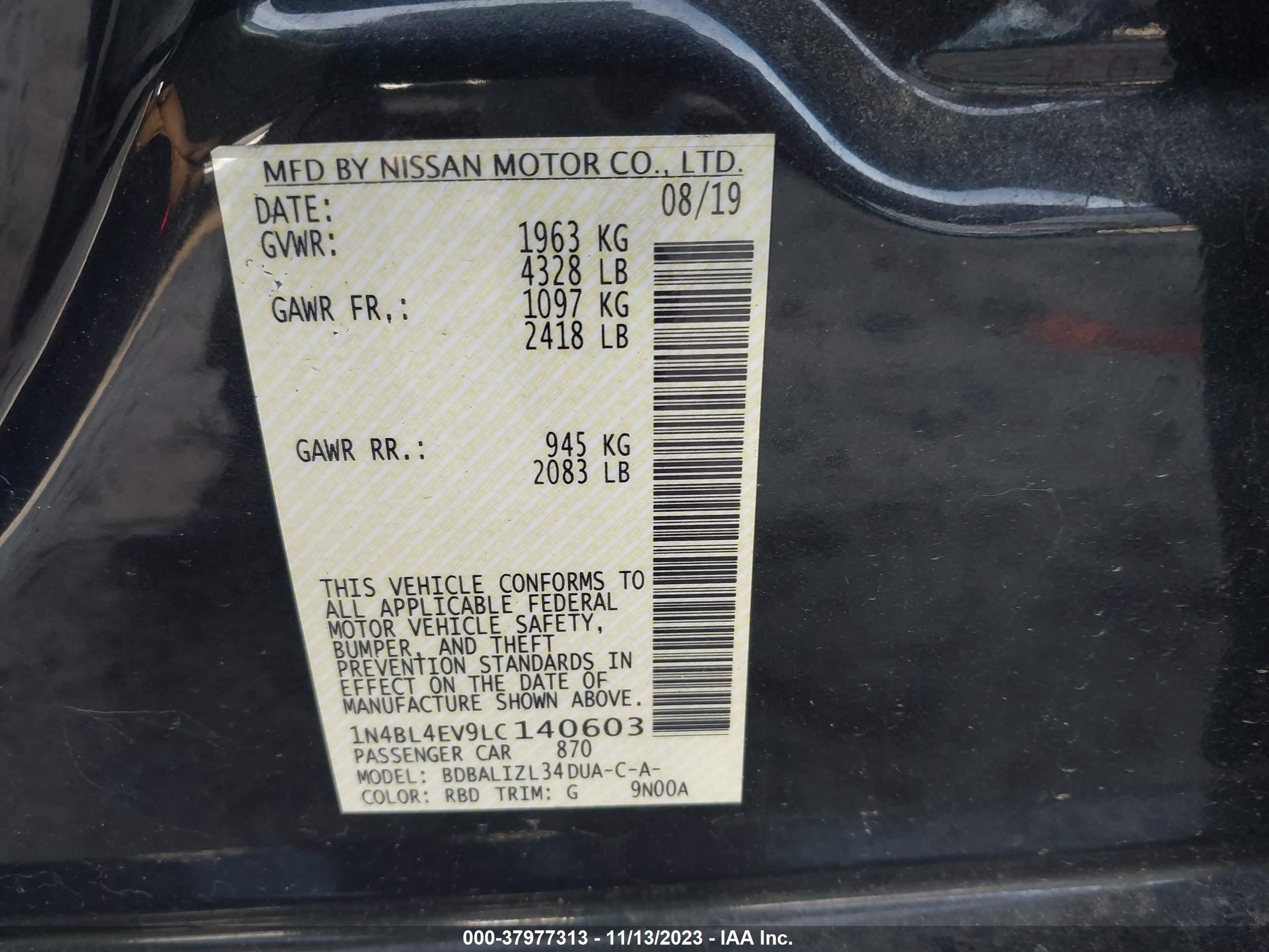 Photo 8 VIN: 1N4BL4EV9LC140603 - NISSAN ALTIMA 