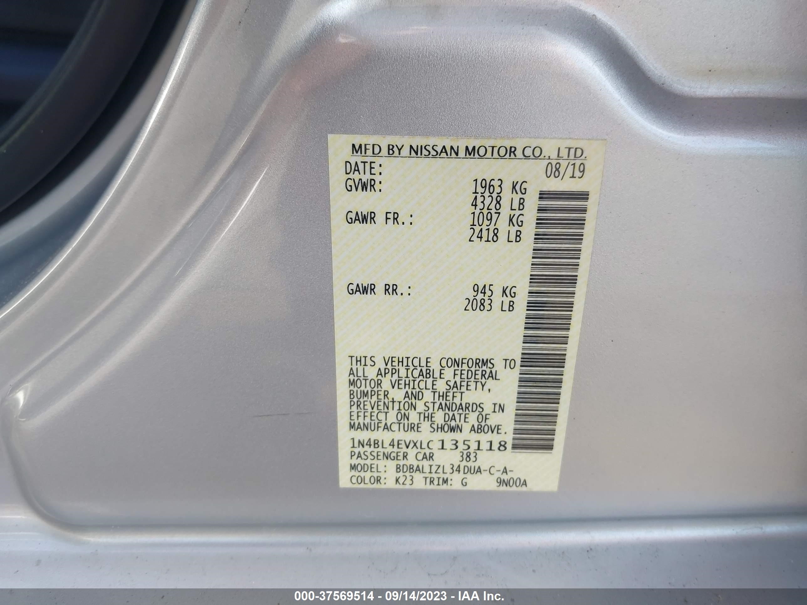 Photo 8 VIN: 1N4BL4EVXLC135118 - NISSAN ALTIMA 