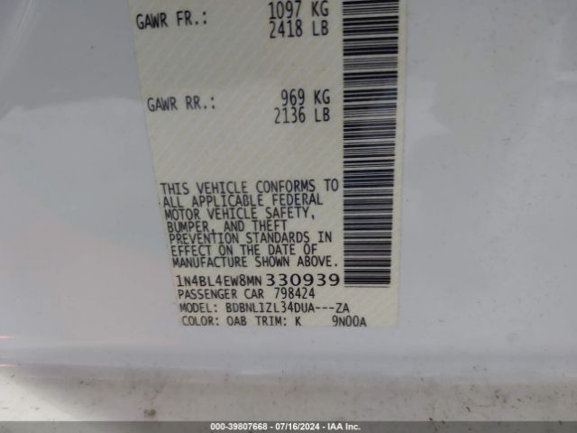 Photo 8 VIN: 1N4BL4EW8MN330939 - NISSAN ALTIMA 