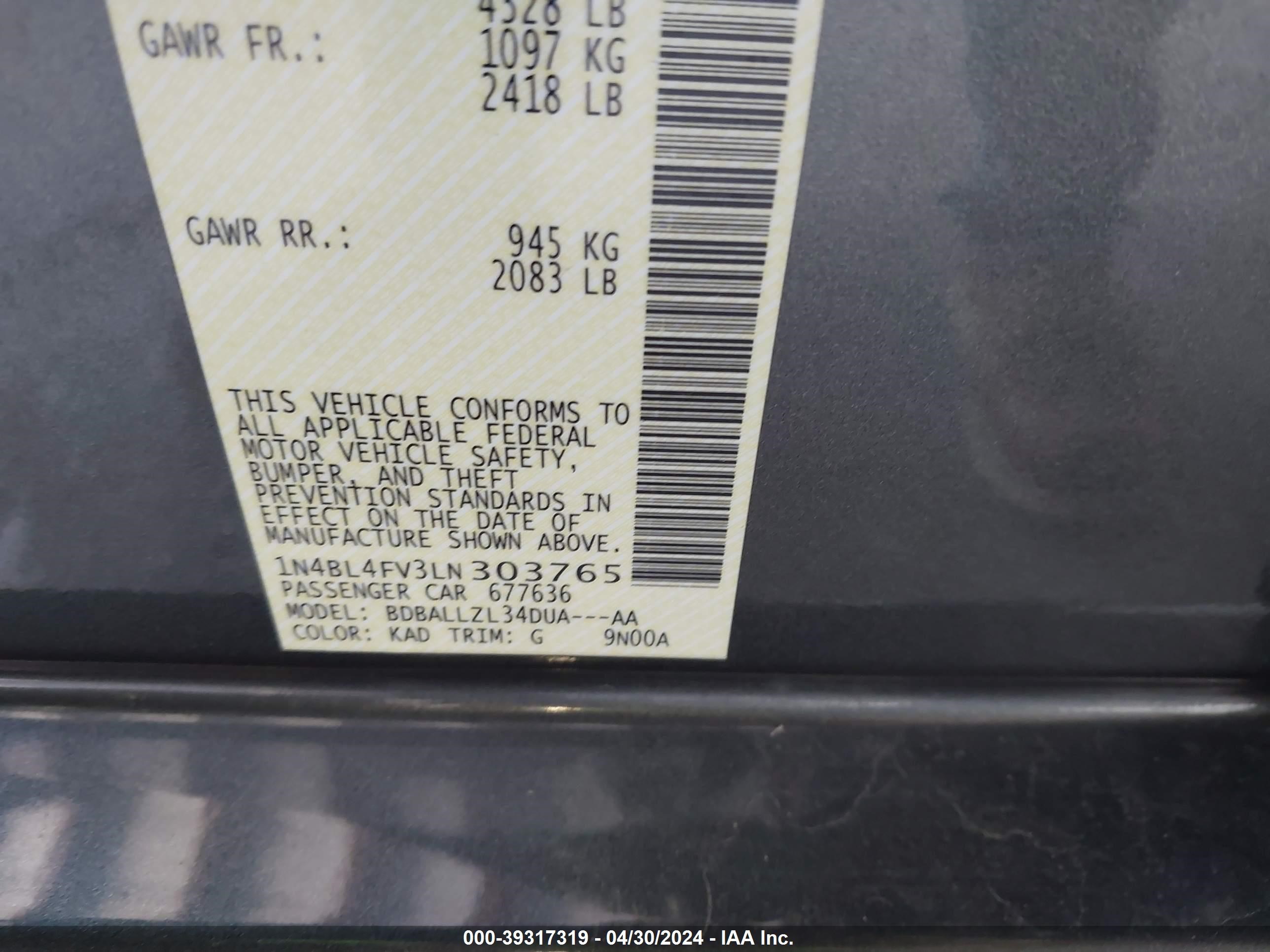 Photo 8 VIN: 1N4BL4FV3LN303765 - NISSAN ALTIMA 