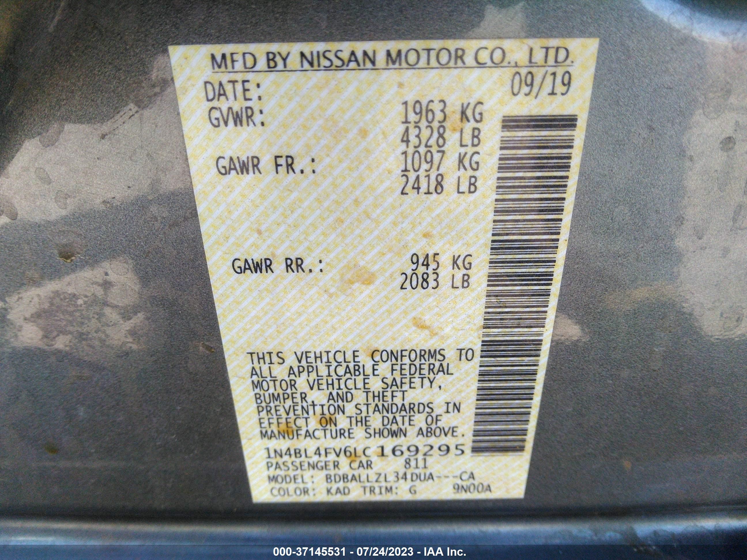 Photo 8 VIN: 1N4BL4FV6LC169295 - NISSAN ALTIMA 