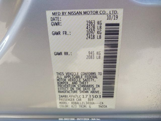 Photo 8 VIN: 1N4BL4FV7LC173503 - NISSAN ALTIMA 