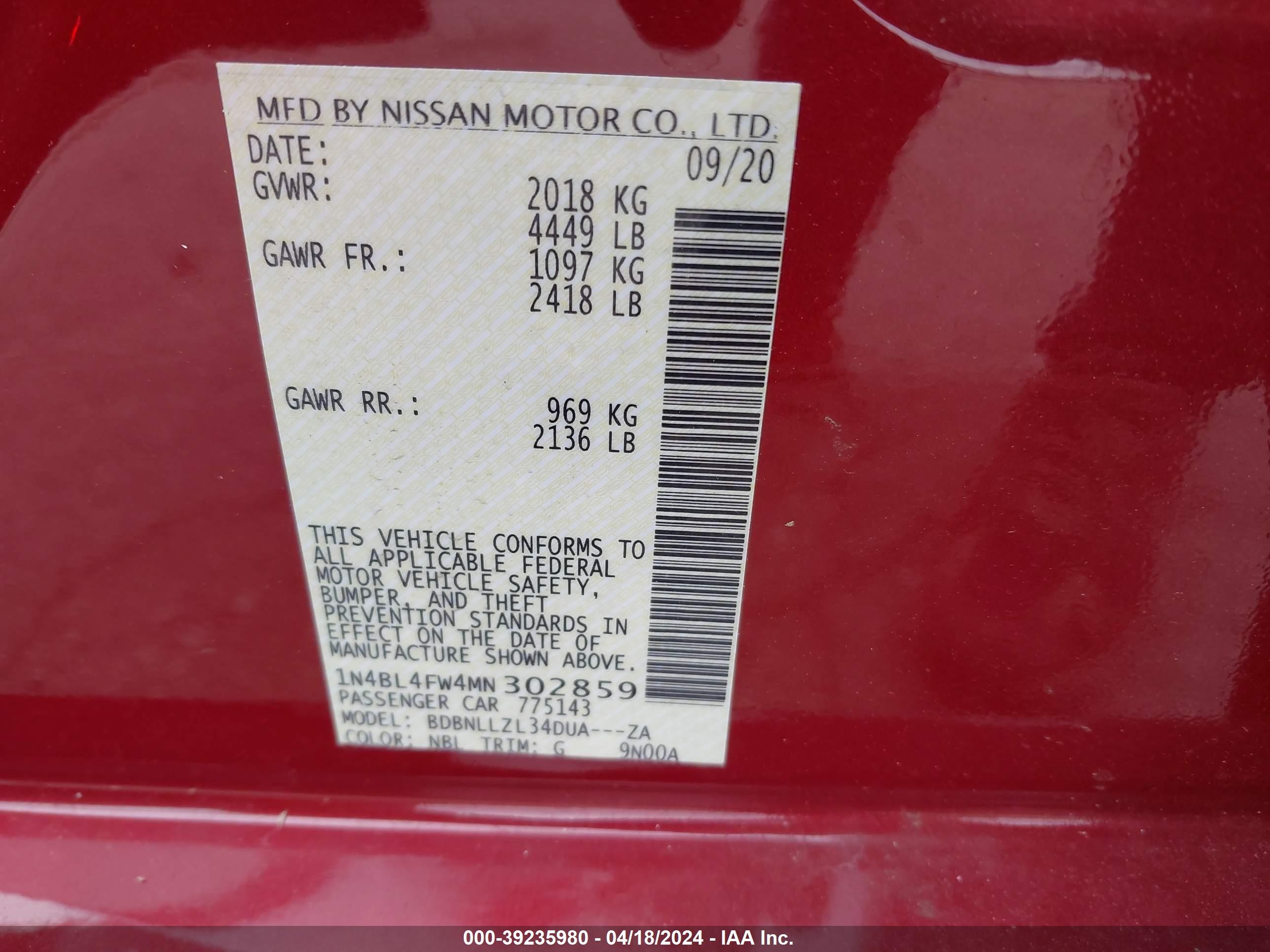 Photo 8 VIN: 1N4BL4FW4MN302859 - NISSAN ALTIMA 