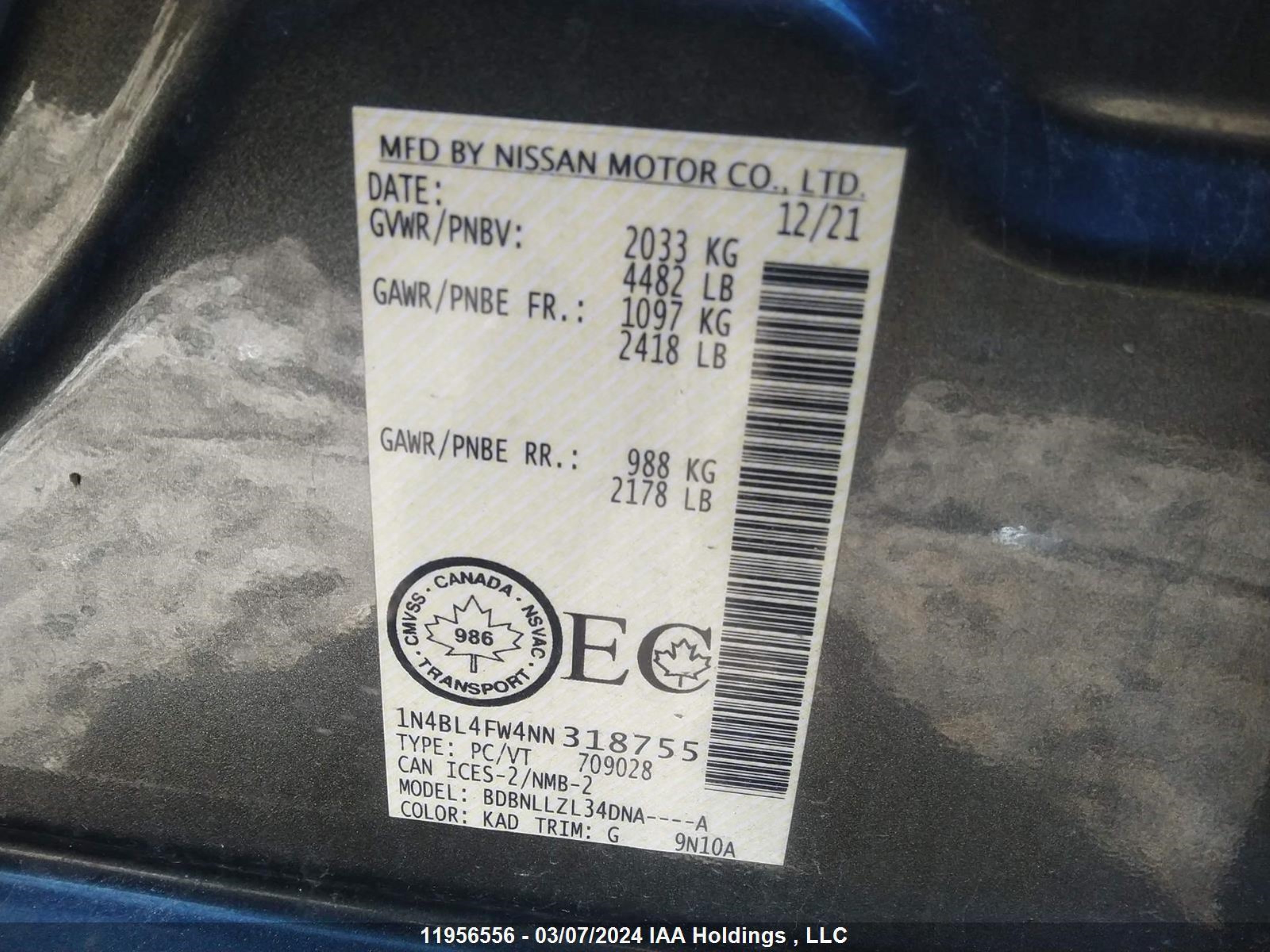 Photo 8 VIN: 1N4BL4FW4NN318755 - NISSAN ALTIMA 