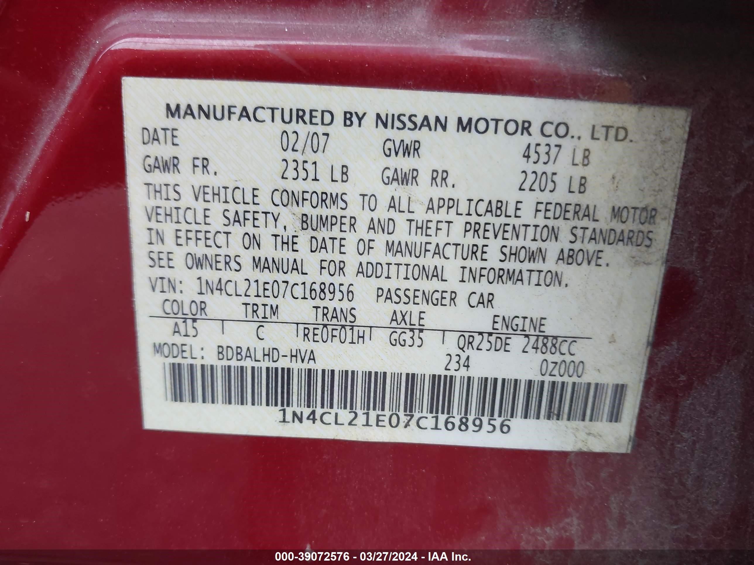 Photo 8 VIN: 1N4CL21E07C168956 - NISSAN ALTIMA 