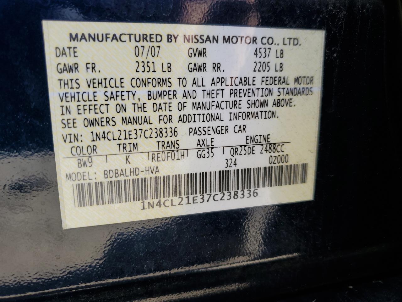 Photo 11 VIN: 1N4CL21E37C238336 - NISSAN ALTIMA 