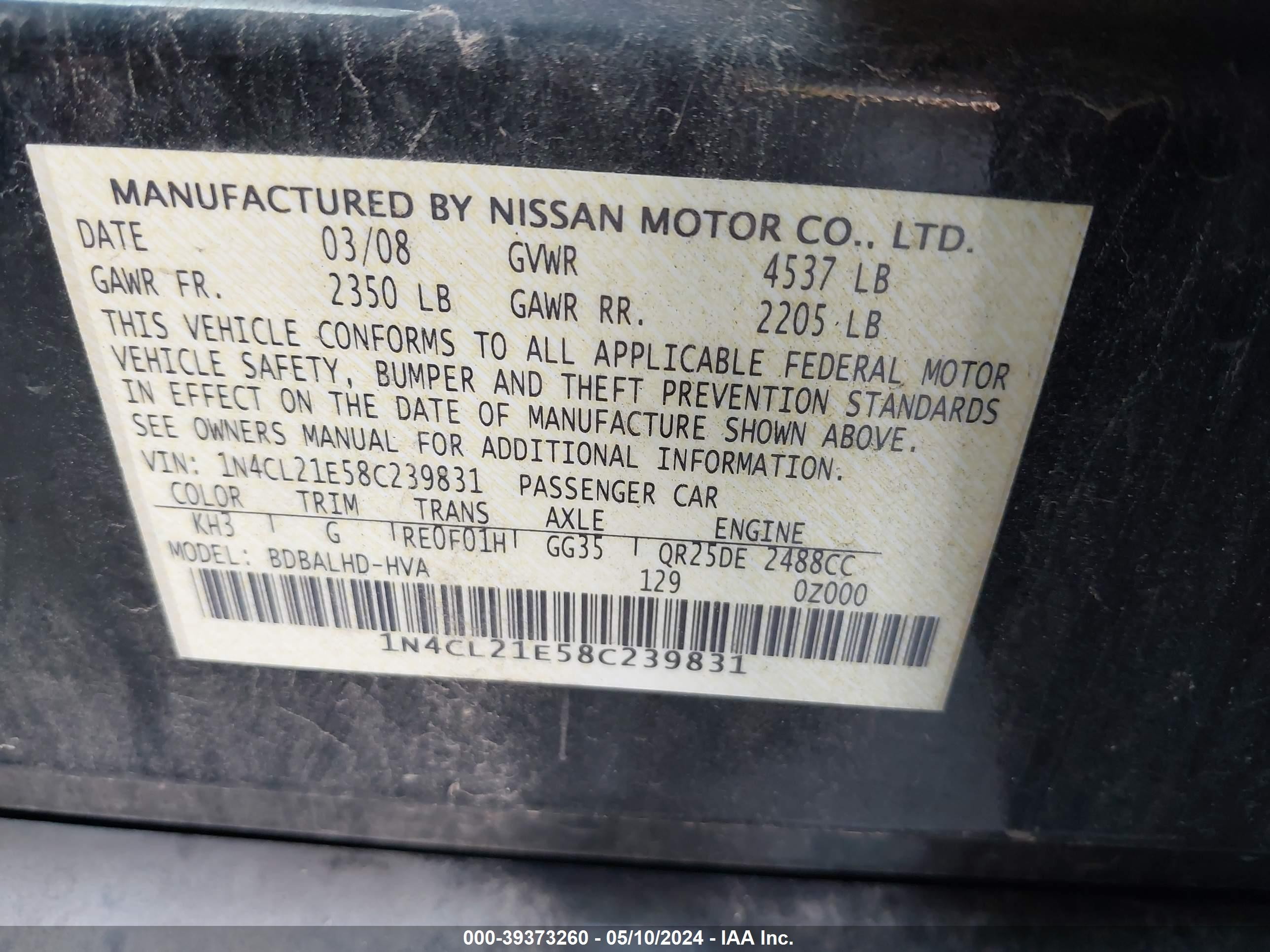 Photo 8 VIN: 1N4CL21E58C239831 - NISSAN ALTIMA 