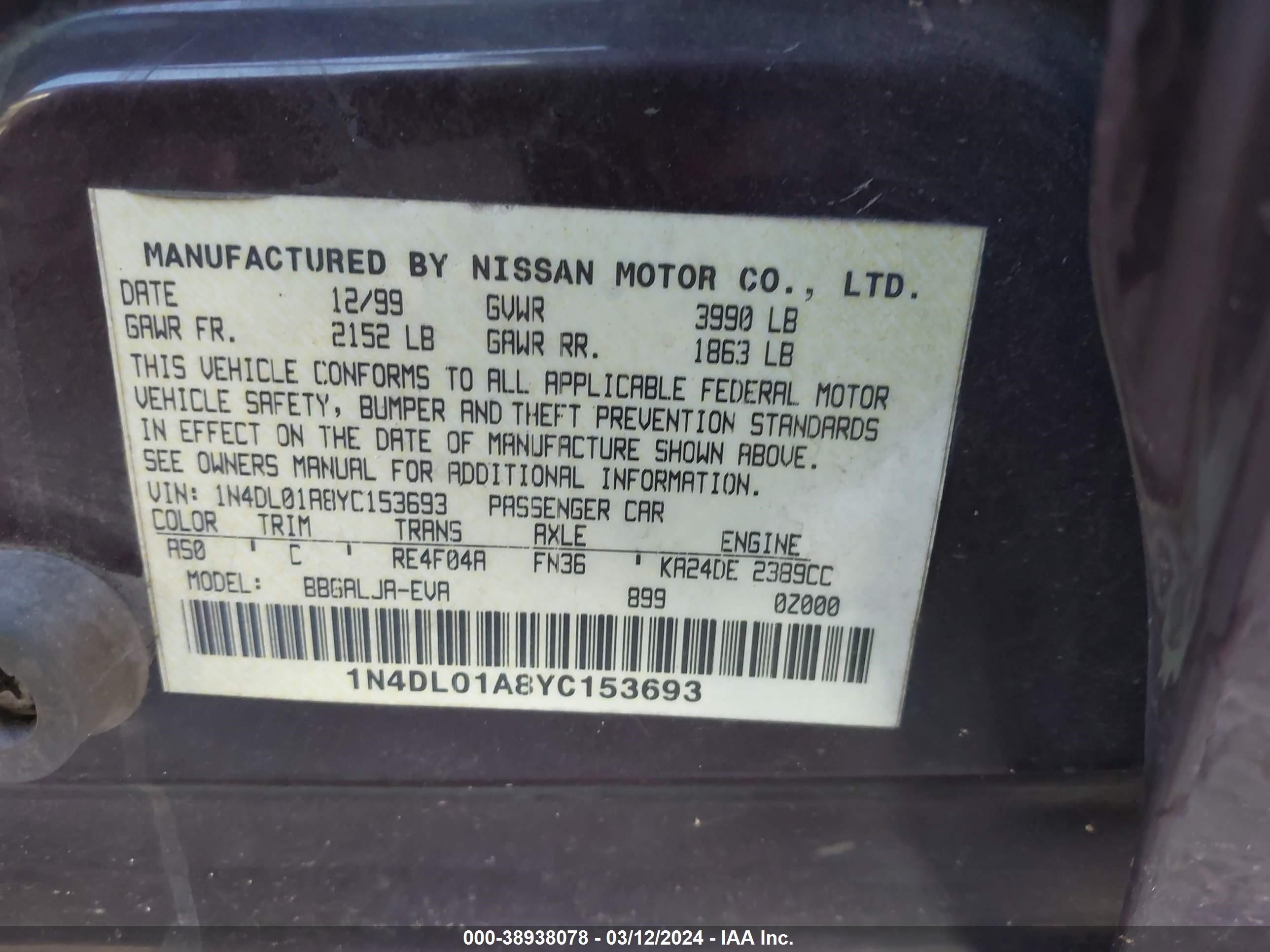 Photo 8 VIN: 1N4DL01A8YC153693 - NISSAN ALTIMA 