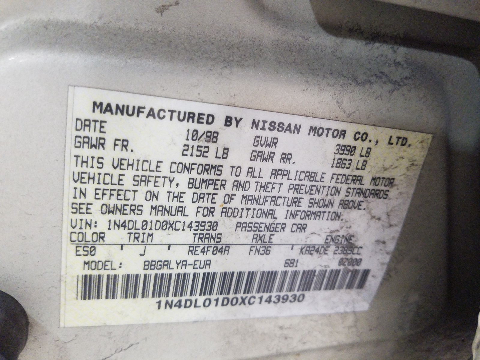 Photo 9 VIN: 1N4DL01D0XC143930 - NISSAN ALTIMA XE 