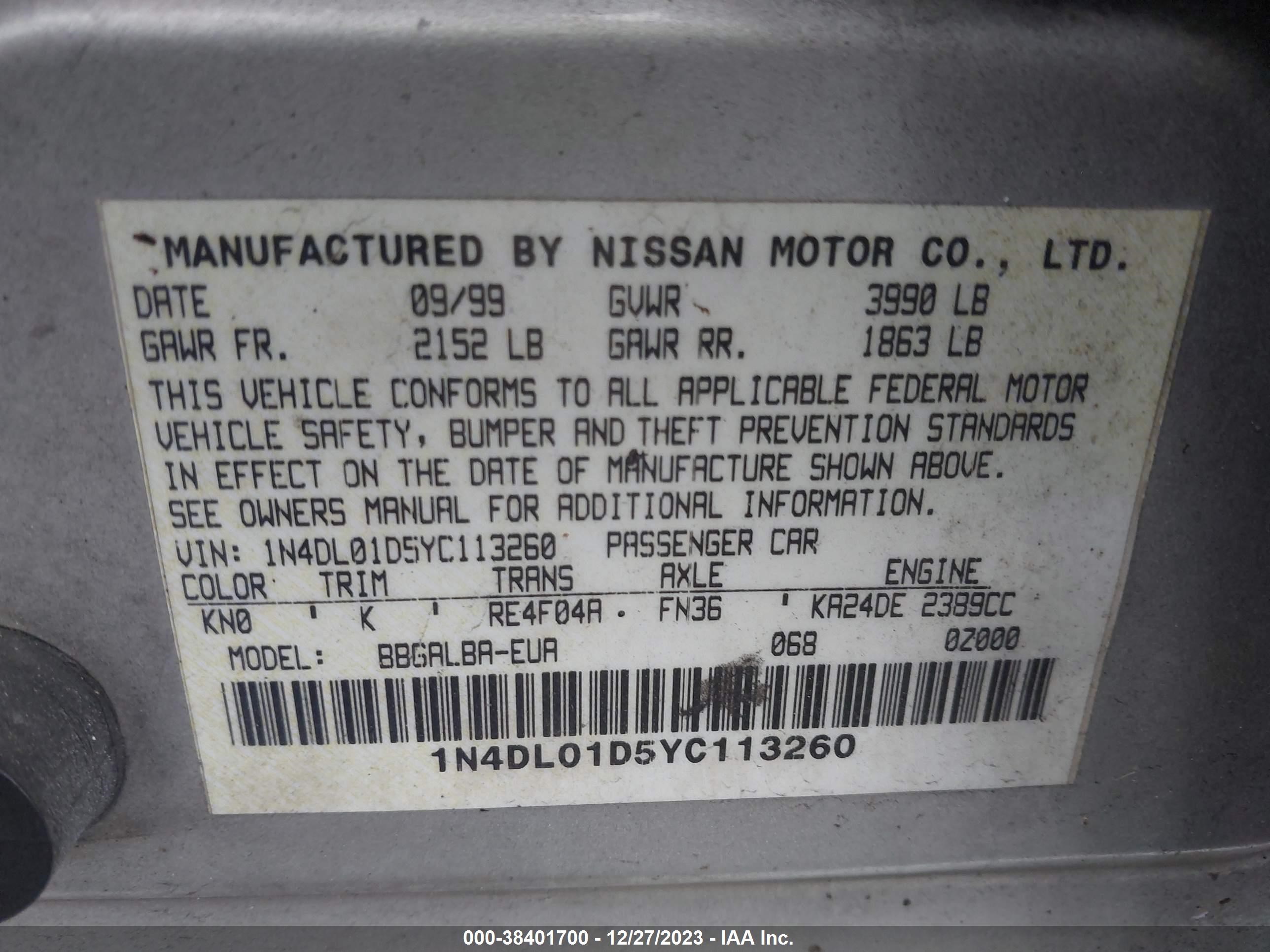 Photo 8 VIN: 1N4DL01D5YC113260 - NISSAN ALTIMA 