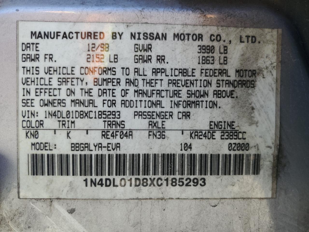 Photo 11 VIN: 1N4DL01D8XC185293 - NISSAN ALTIMA 