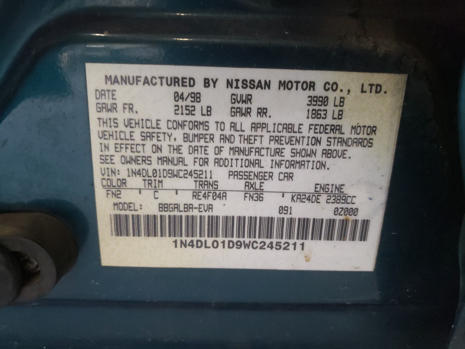 Photo 9 VIN: 1N4DL01D9WC245211 - NISSAN ALTIMA XE 