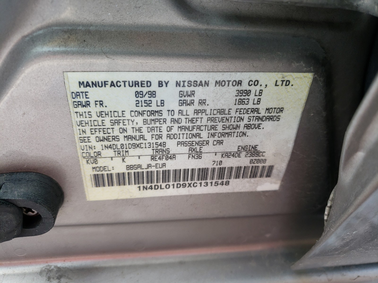 Photo 9 VIN: 1N4DL01D9XC131548 - NISSAN ALTIMA XE 