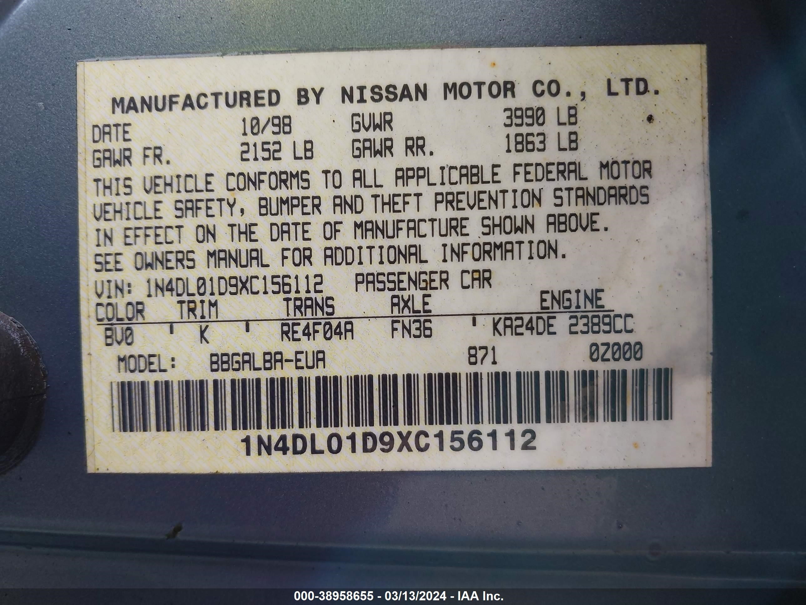 Photo 8 VIN: 1N4DL01D9XC156112 - NISSAN ALTIMA 