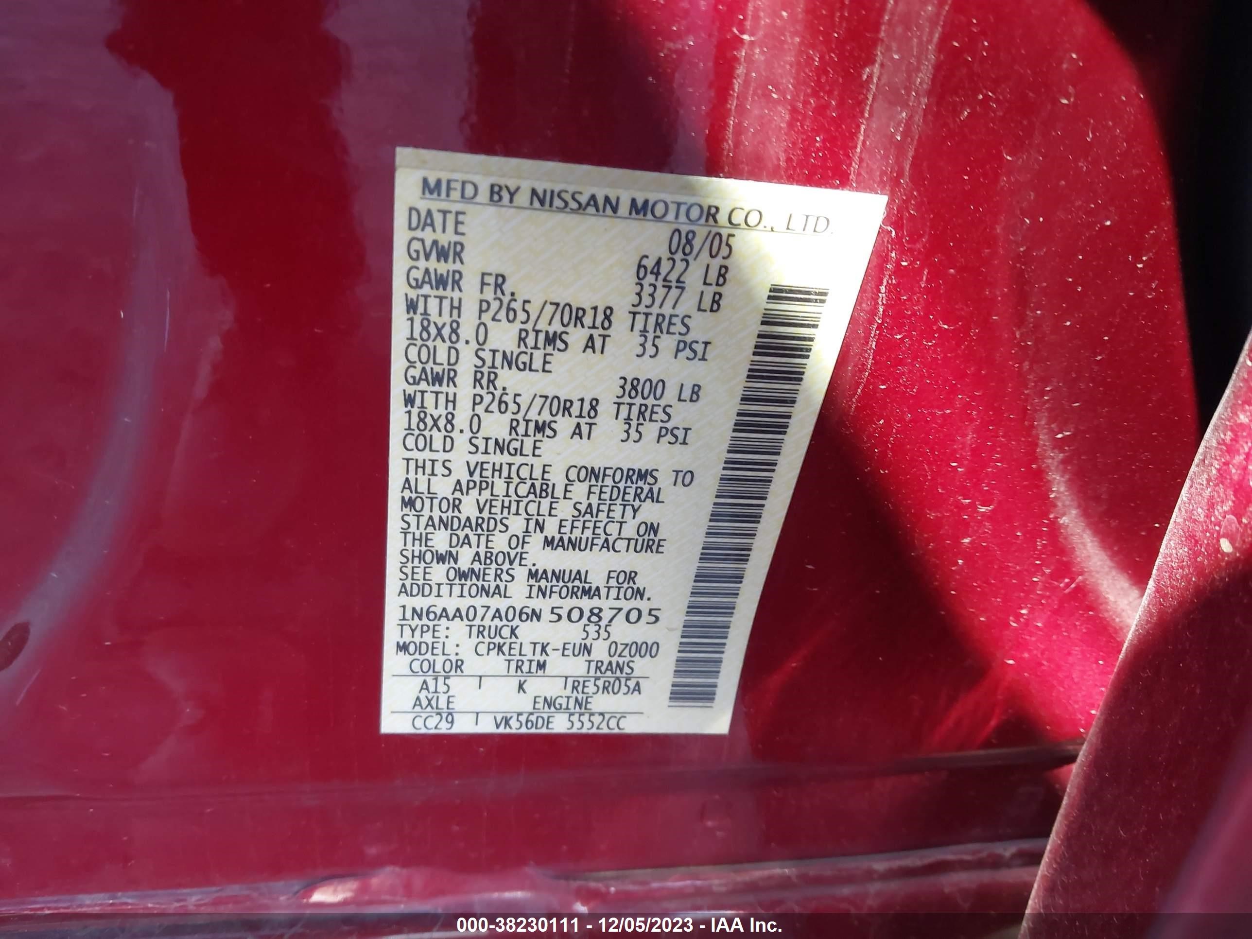 Photo 8 VIN: 1N6AA07A06N508705 - NISSAN TITAN 