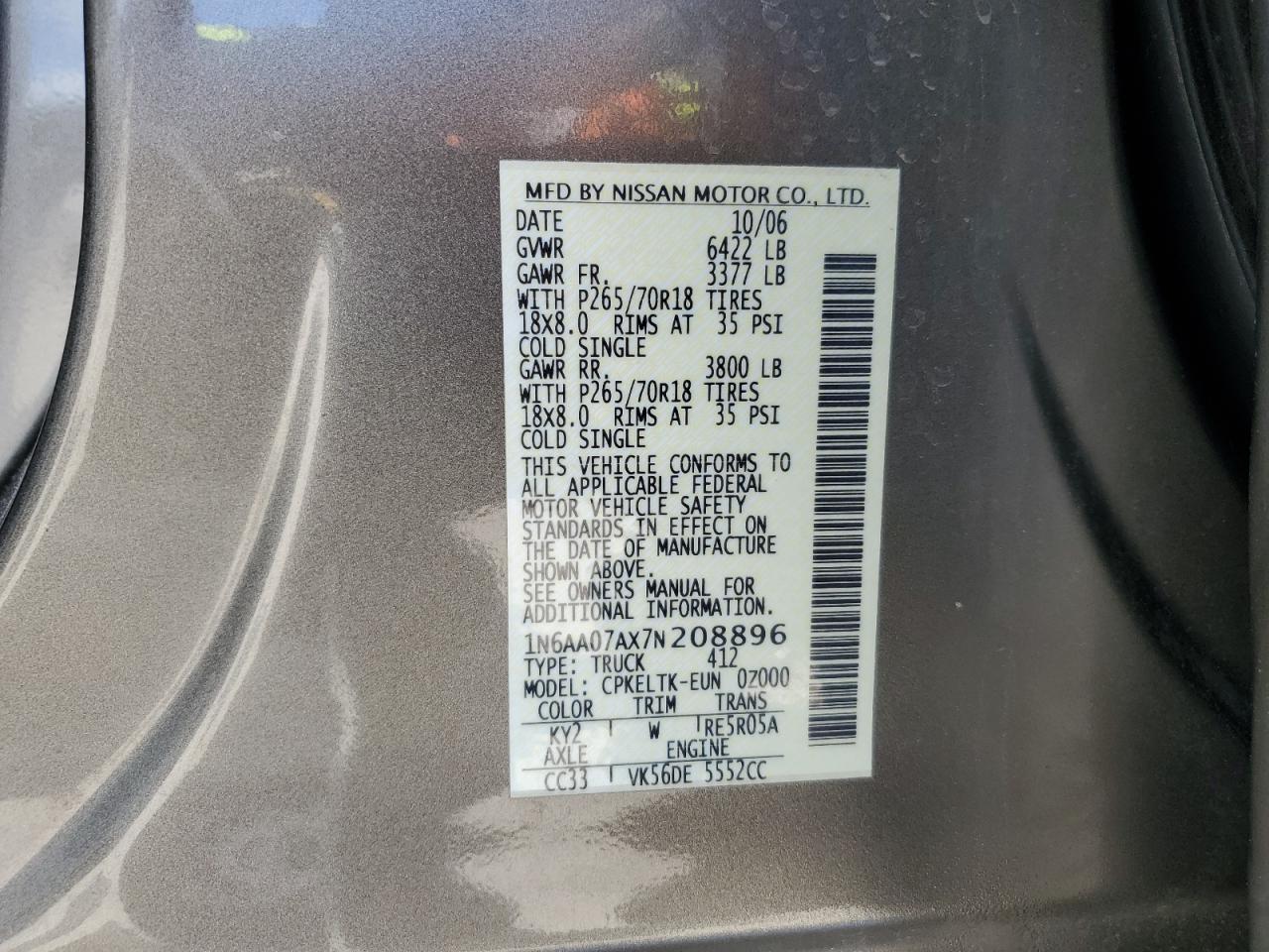 Photo 11 VIN: 1N6AA07AX7N208896 - NISSAN TITAN 