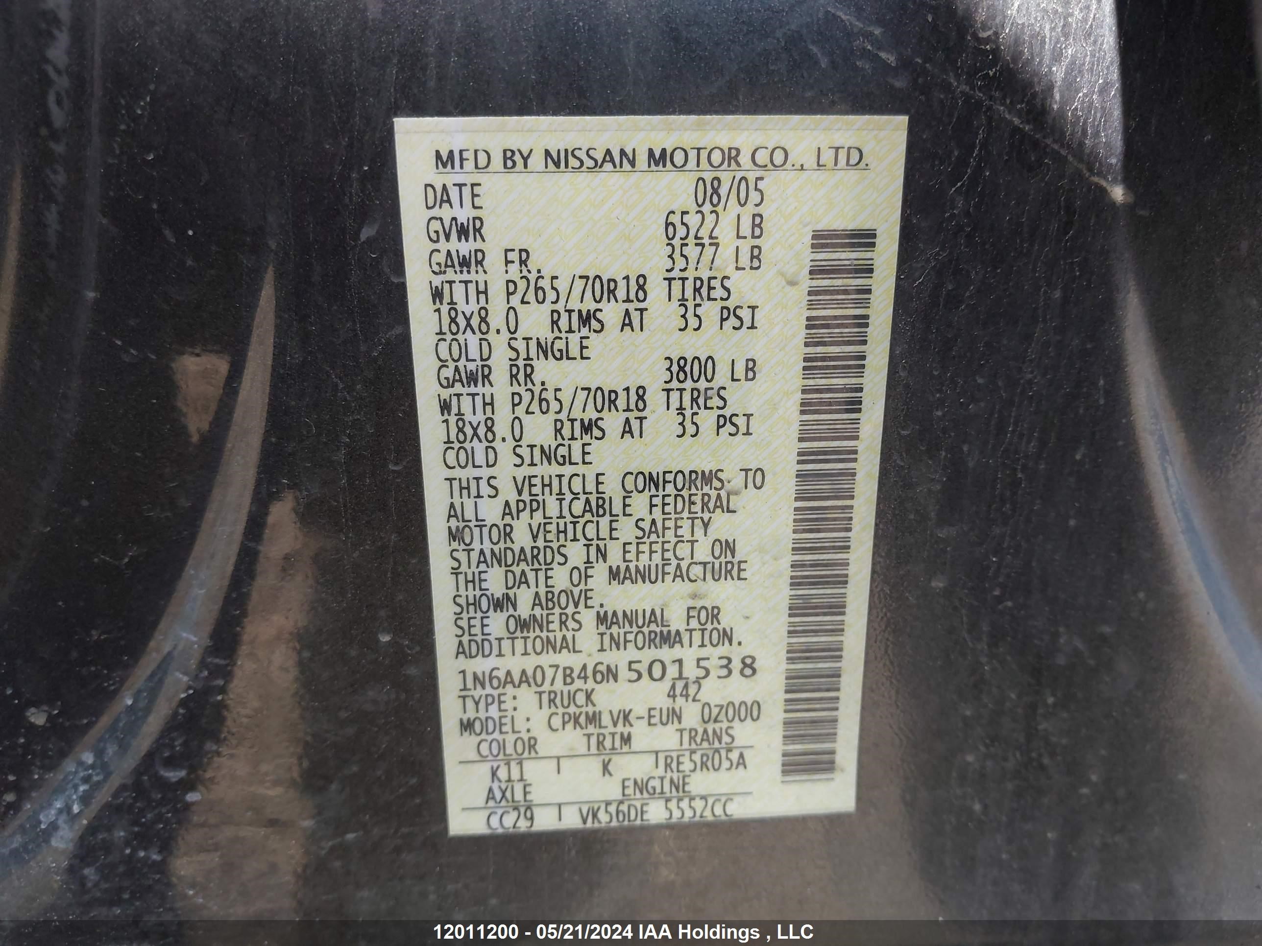 Photo 8 VIN: 1N6AA07B46N501538 - NISSAN TITAN 