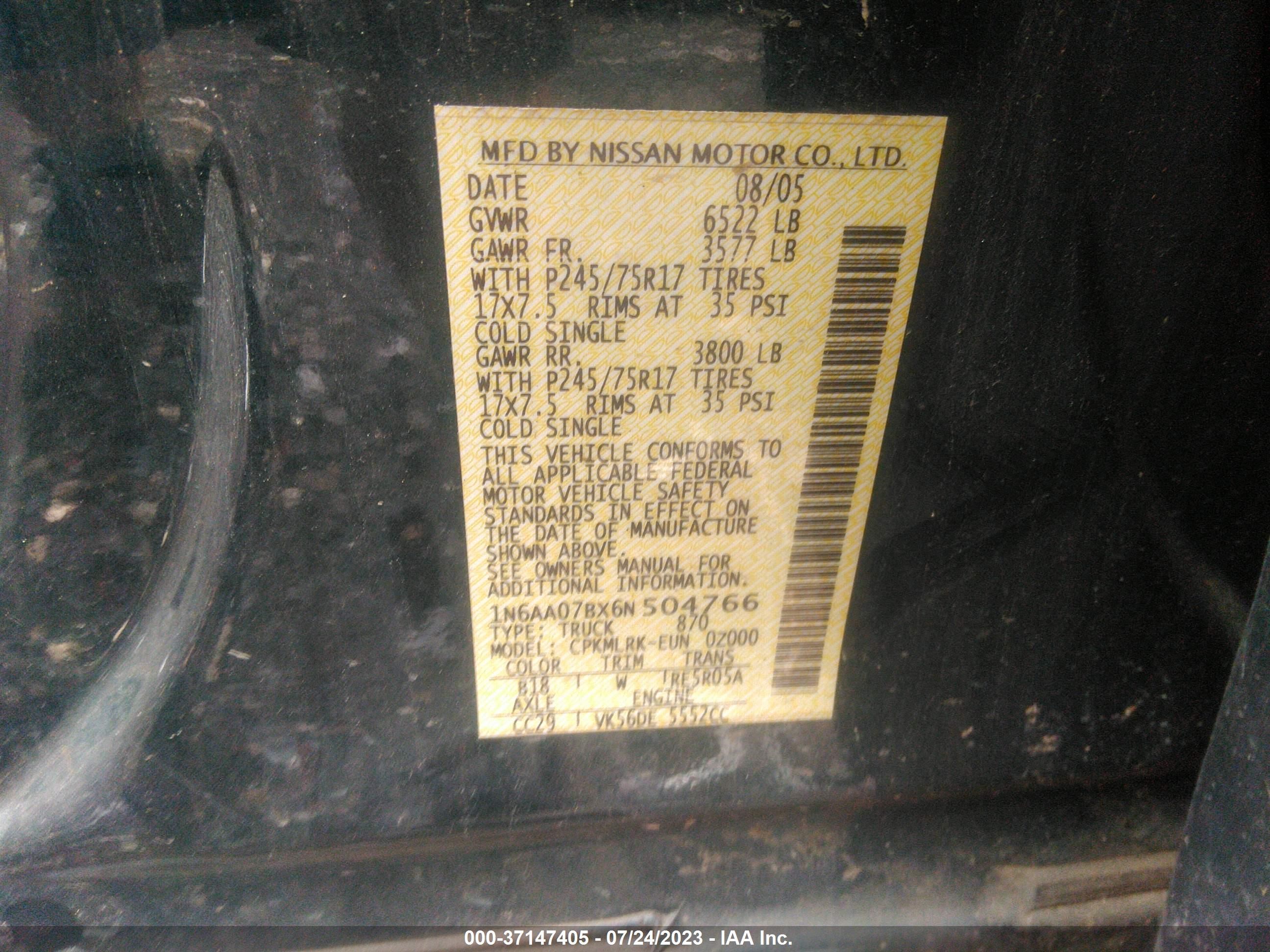 Photo 8 VIN: 1N6AA07BX6N504766 - NISSAN TITAN 