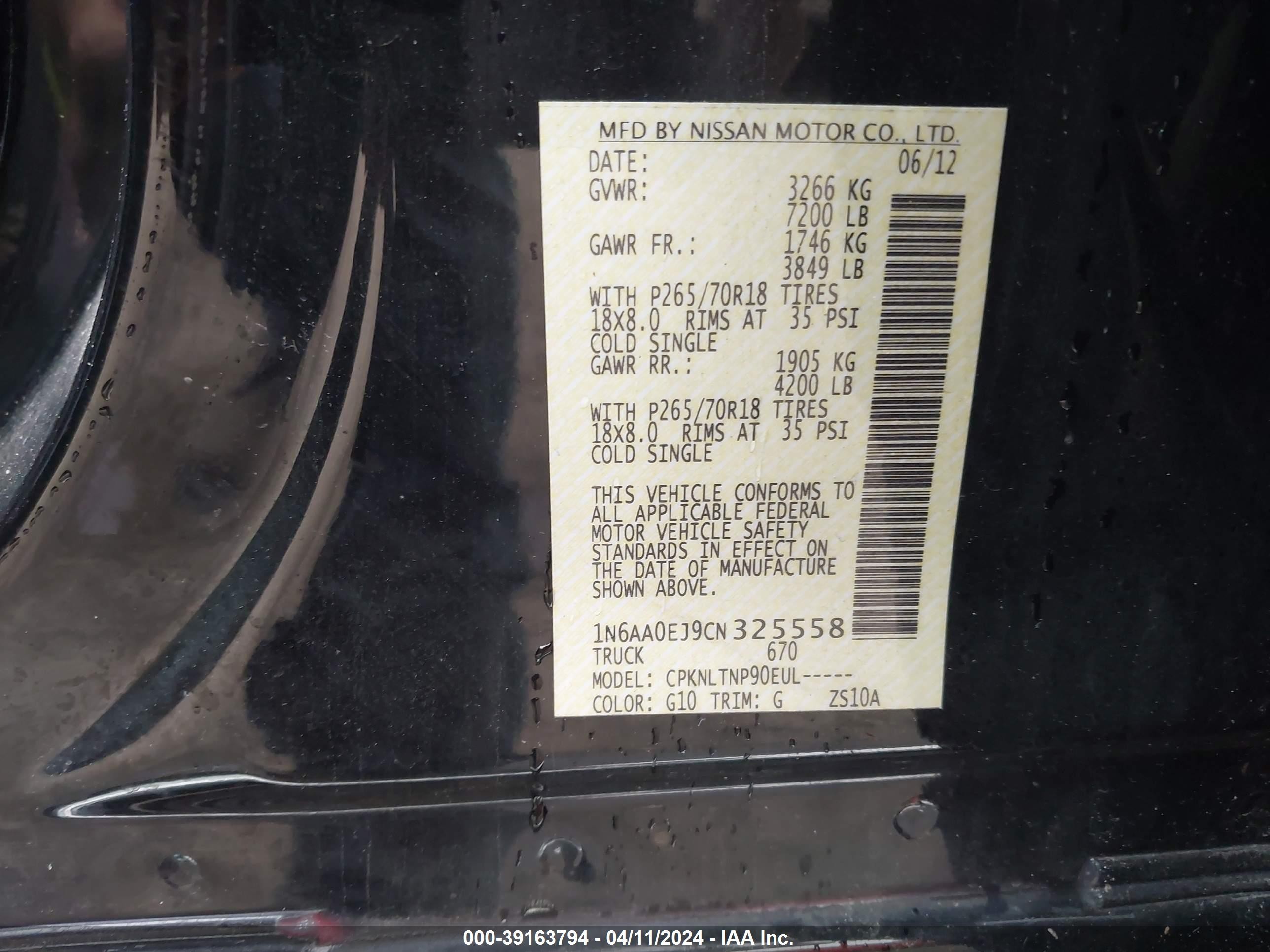 Photo 8 VIN: 1N6AA0EJ9CN325558 - NISSAN TITAN 