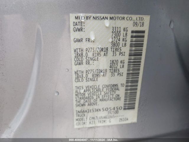 Photo 8 VIN: 1N6AA1E53KN505450 - NISSAN TITAN 