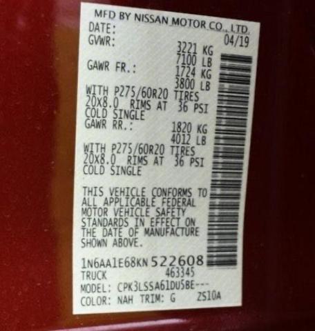 Photo 9 VIN: 1N6AA1E68KN522608 - NISSAN TITAN PLAT 