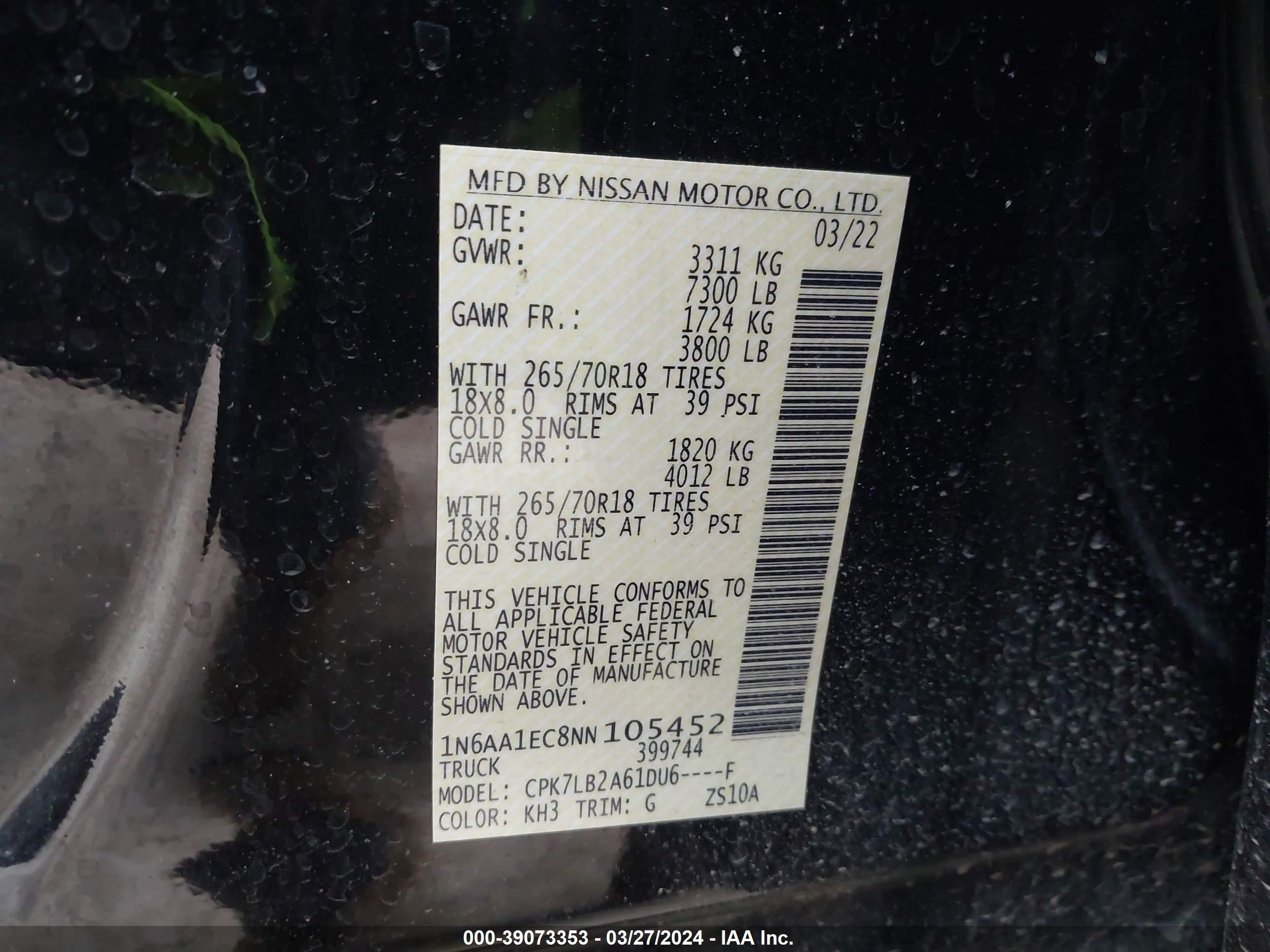 Photo 8 VIN: 1N6AA1EC8NN105452 - NISSAN TITAN 