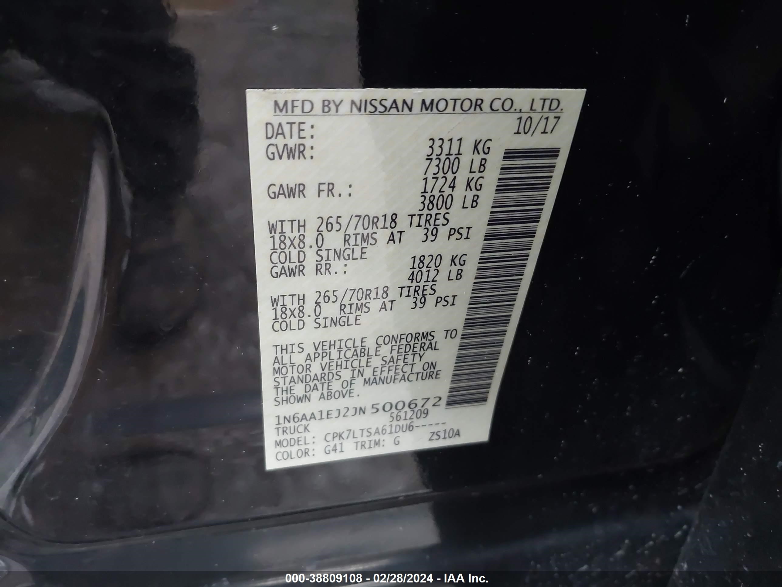 Photo 8 VIN: 1N6AA1EJ2JN500672 - NISSAN TITAN 