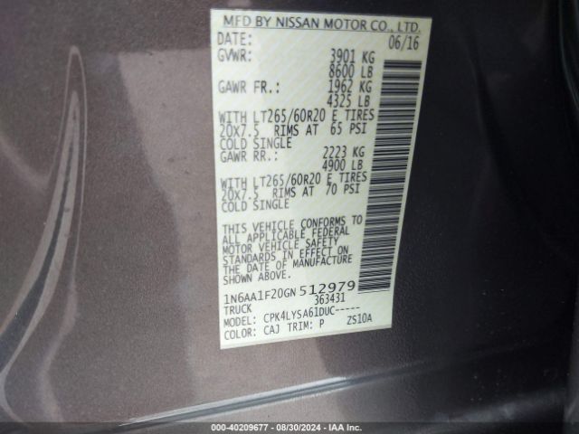 Photo 8 VIN: 1N6AA1F20GN512979 - NISSAN TITAN 