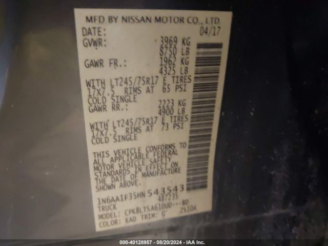 Photo 8 VIN: 1N6AA1F35HN543543 - NISSAN TITAN 