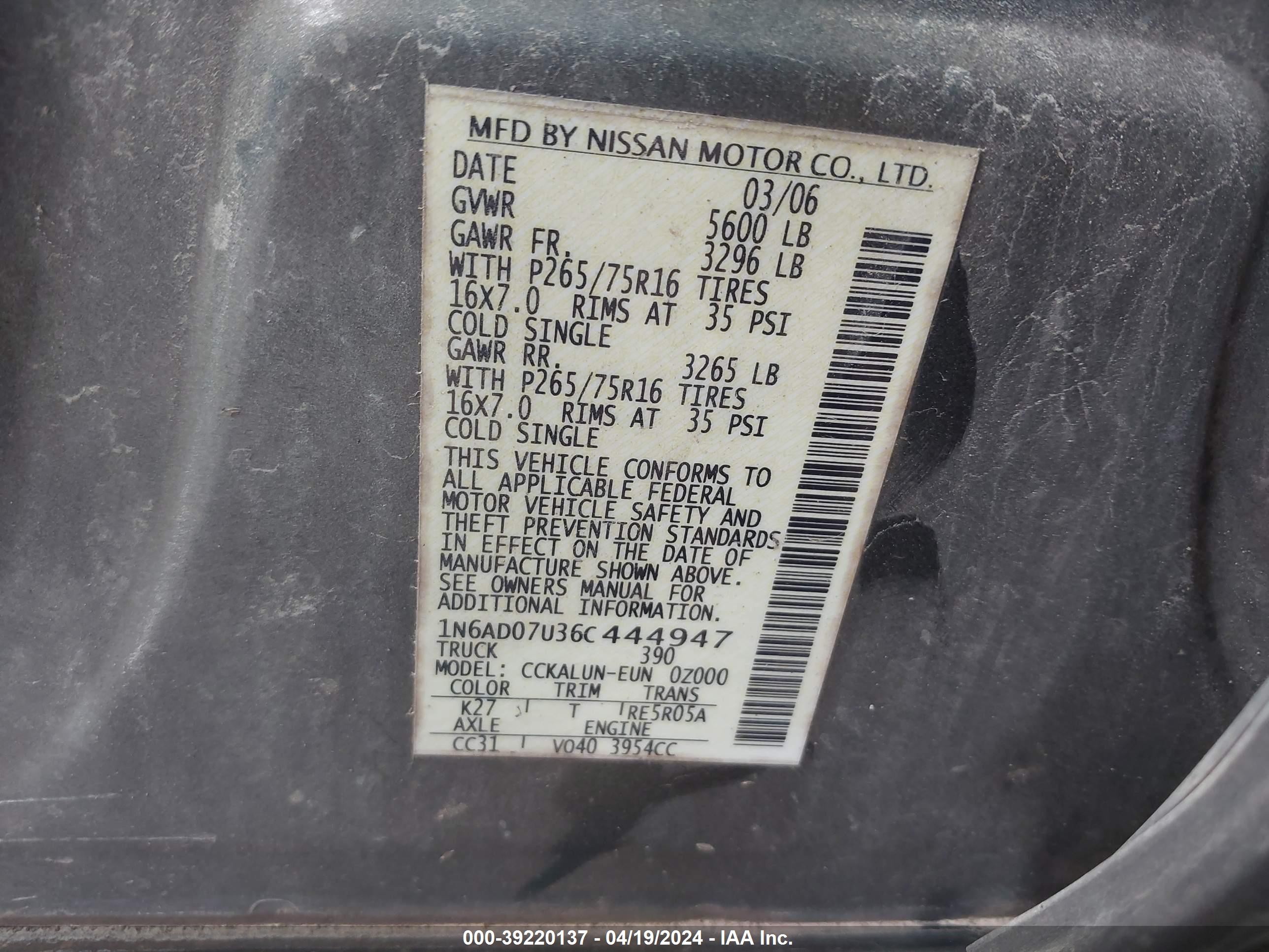 Photo 8 VIN: 1N6AD07U36C444947 - NISSAN NAVARA (FRONTIER) 