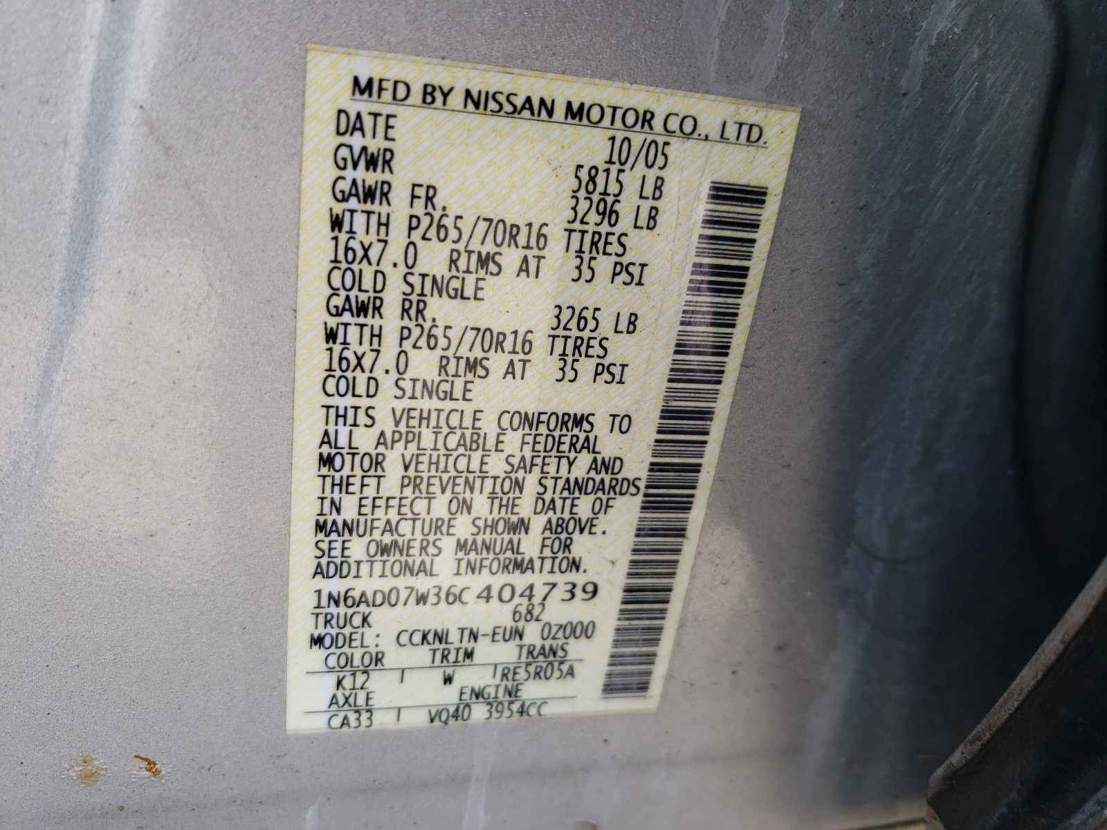 Photo 9 VIN: 1N6AD07W36C404739 - NISSAN FRONTIER C 