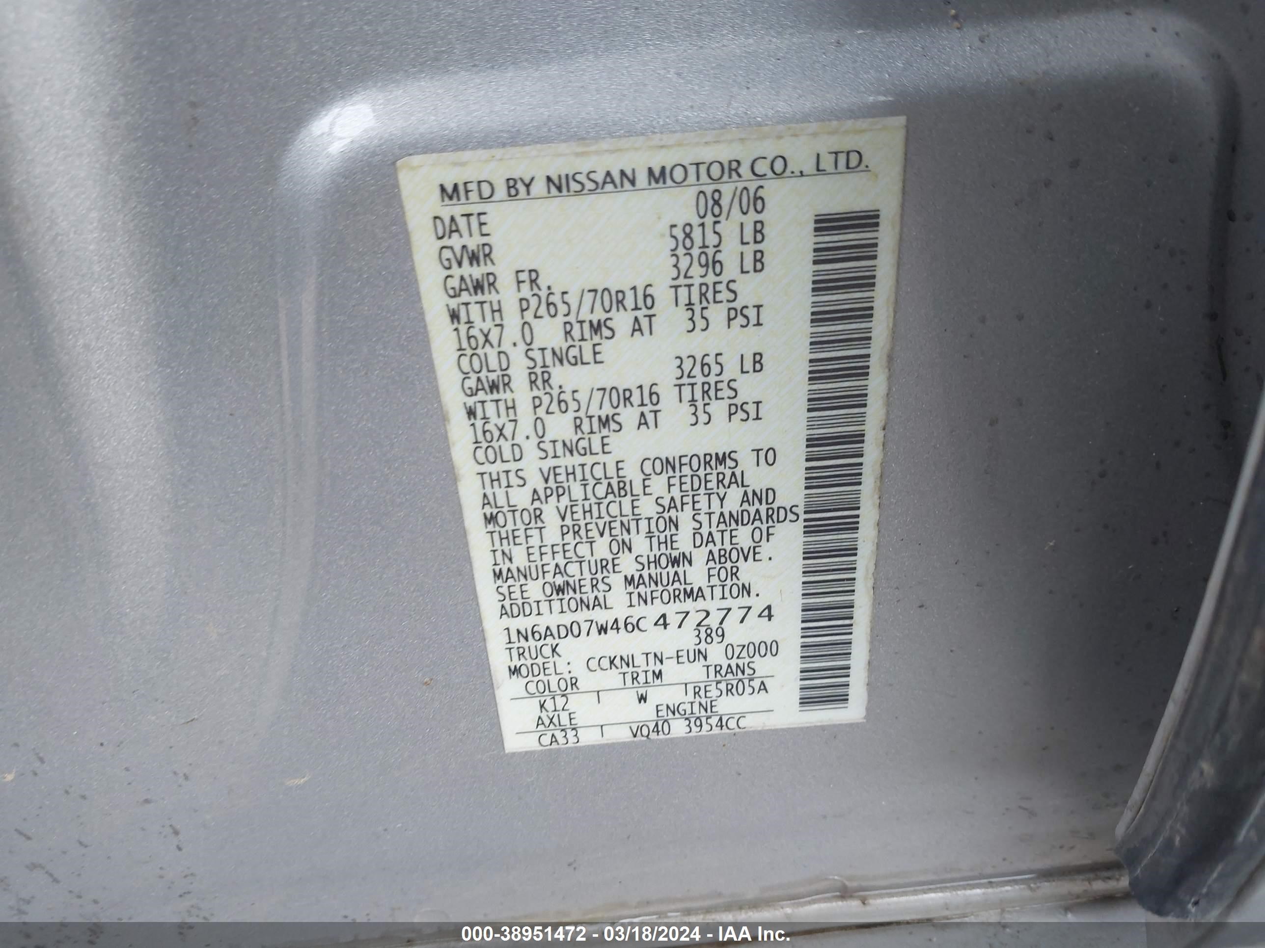 Photo 8 VIN: 1N6AD07W46C472774 - NISSAN NAVARA (FRONTIER) 