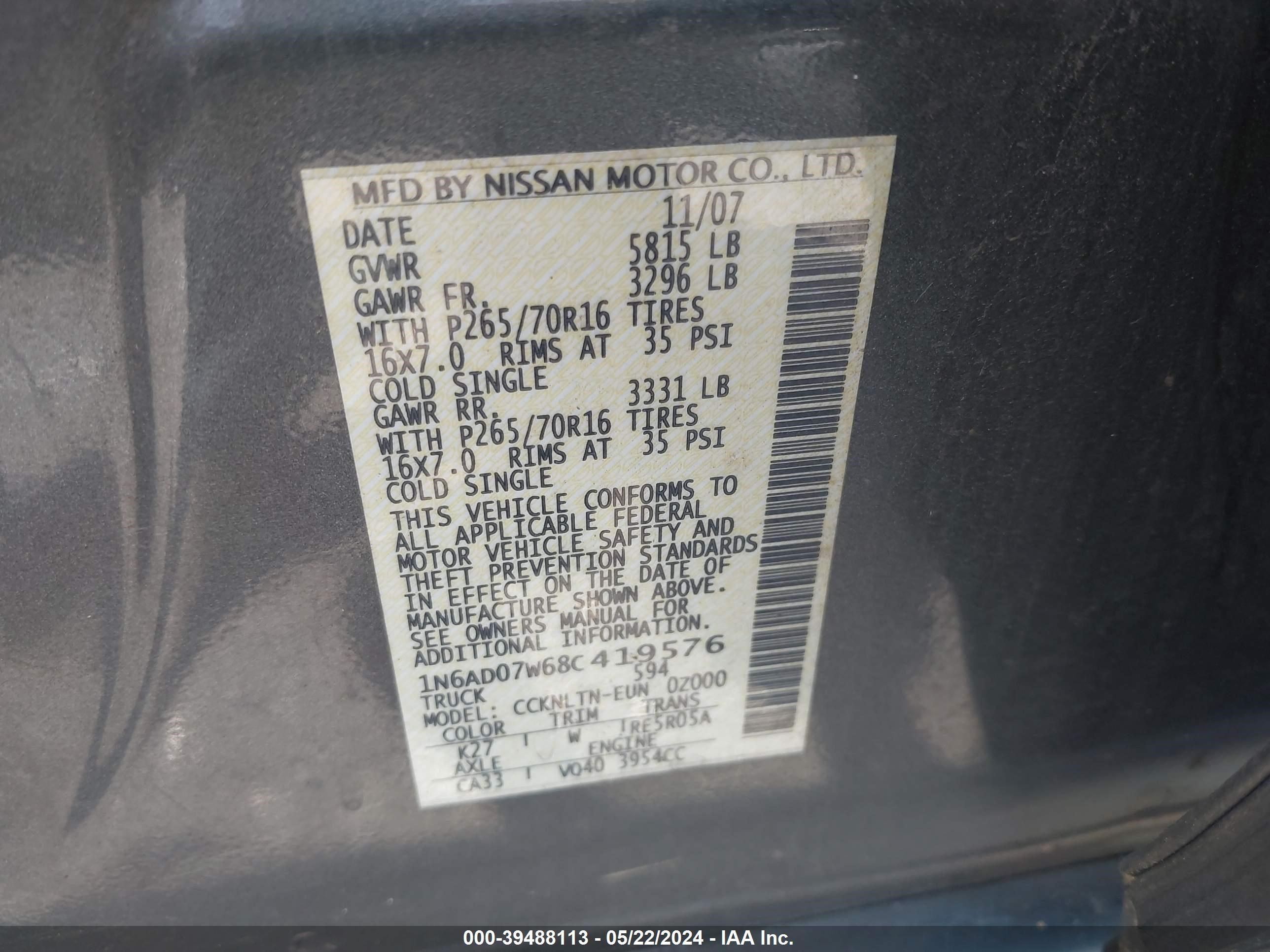 Photo 8 VIN: 1N6AD07W68C419576 - NISSAN NAVARA (FRONTIER) 