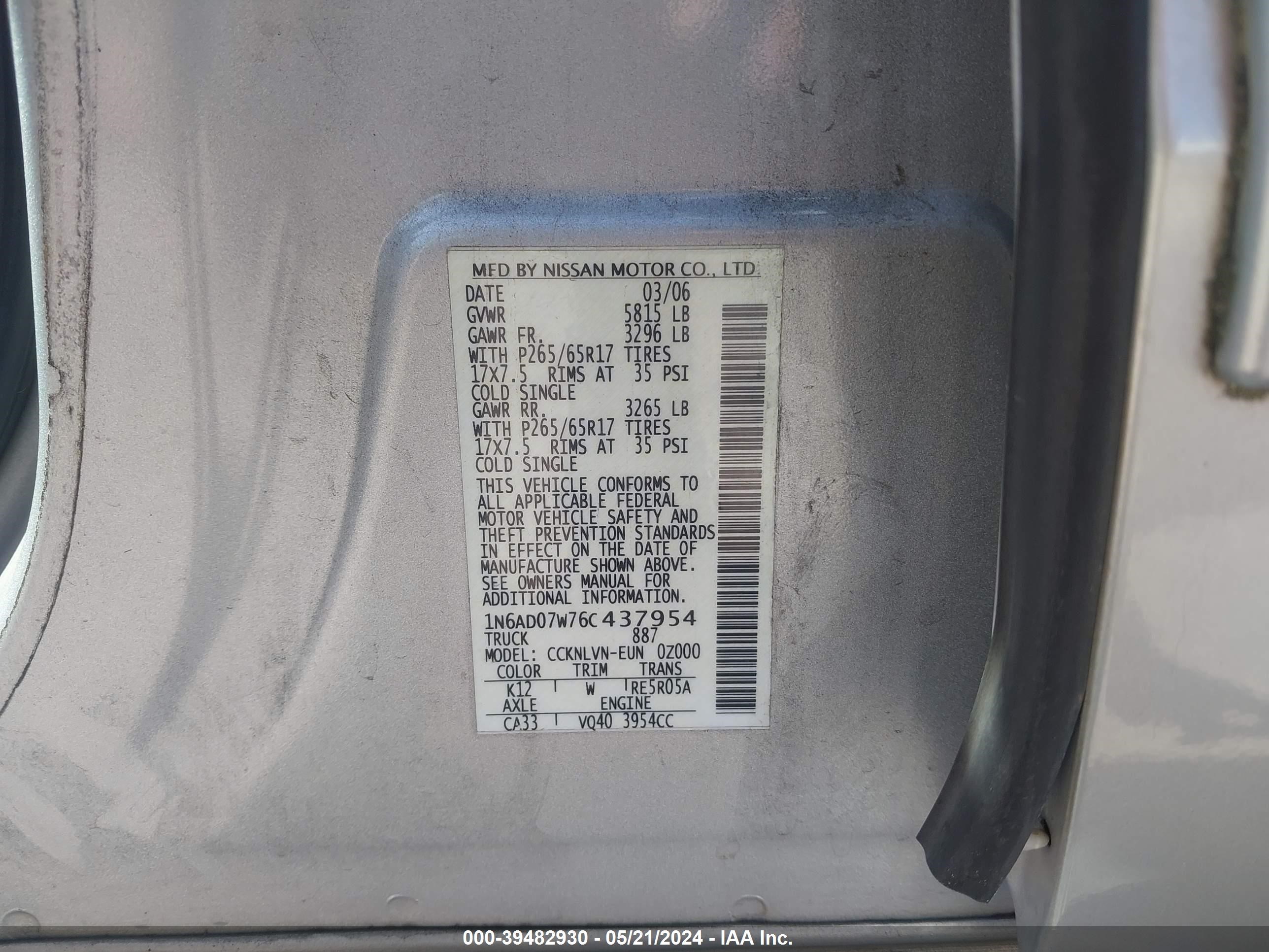 Photo 8 VIN: 1N6AD07W76C437954 - NISSAN NAVARA (FRONTIER) 