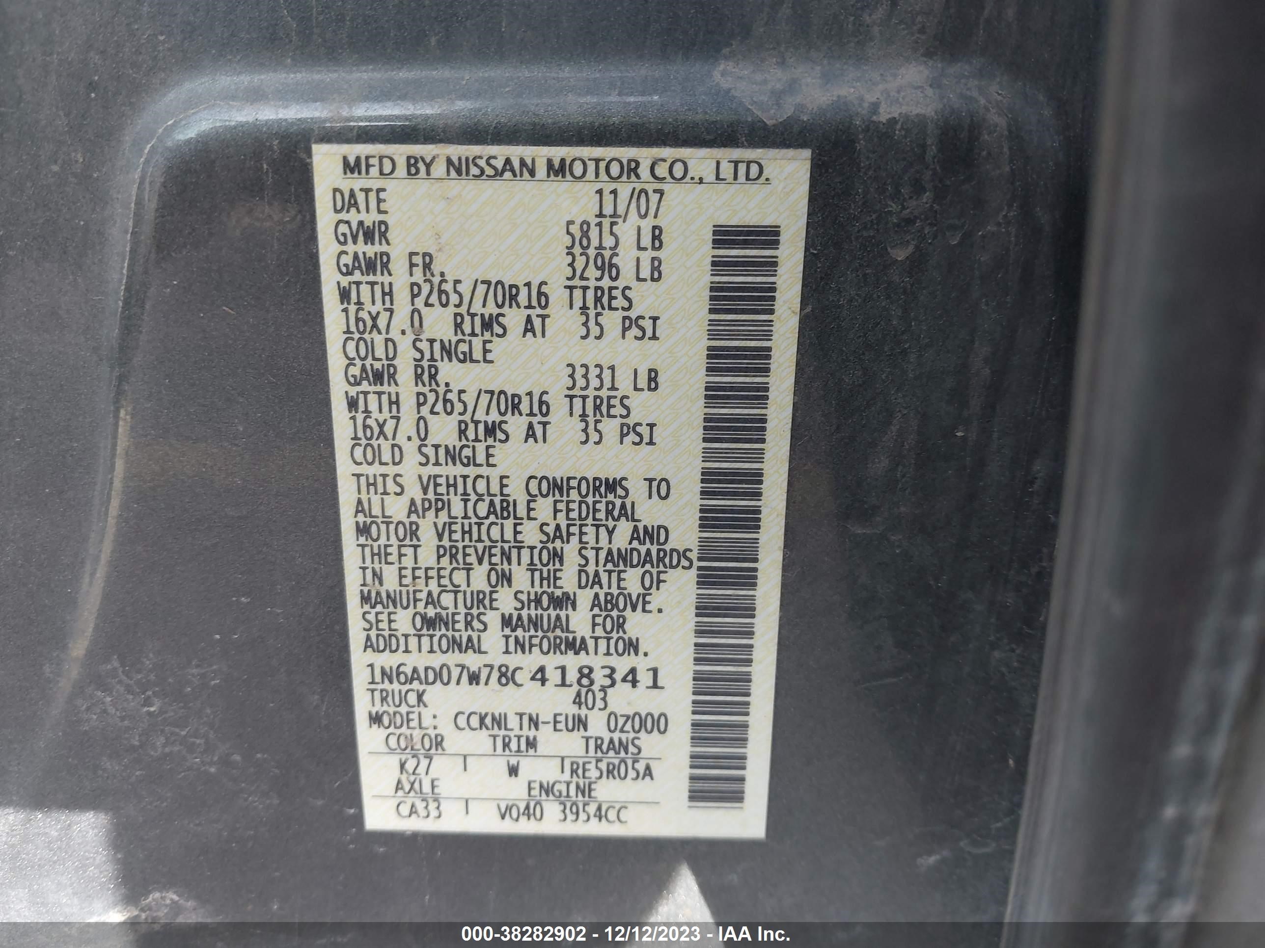 Photo 8 VIN: 1N6AD07W78C418341 - NISSAN NAVARA (FRONTIER) 