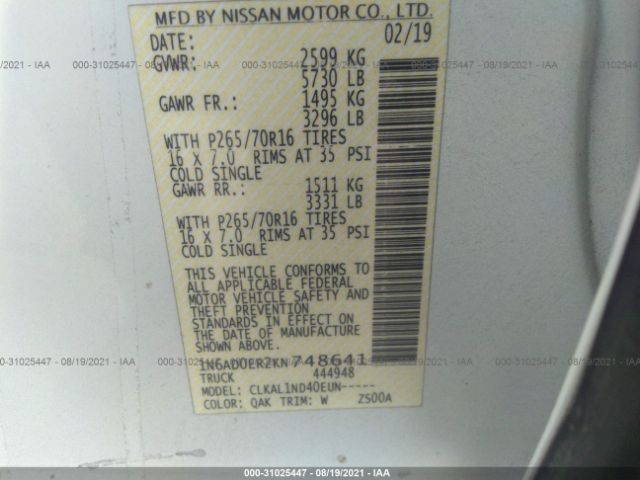 Photo 8 VIN: 1N6AD0ER2KN748641 - NISSAN FRONTIER 