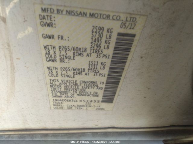 Photo 8 VIN: 1N6AD0ER3CC451455 - NISSAN FRONTIER 