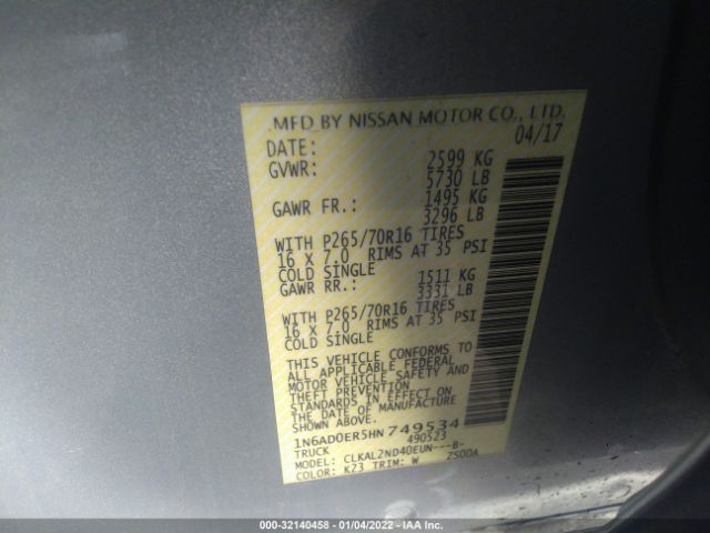 Photo 8 VIN: 1N6AD0ER5HN749534 - NISSAN FRONTIER 