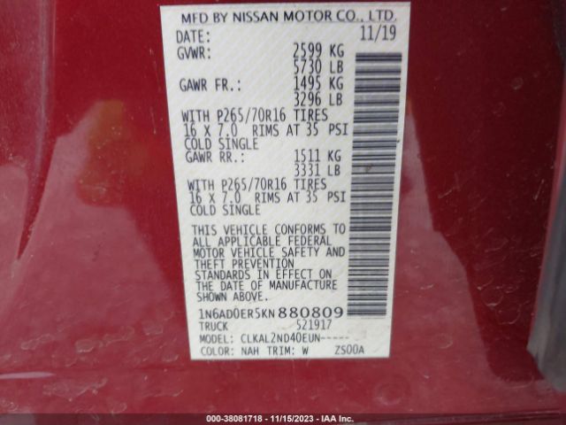 Photo 8 VIN: 1N6AD0ER5KN880809 - NISSAN FRONTIER 