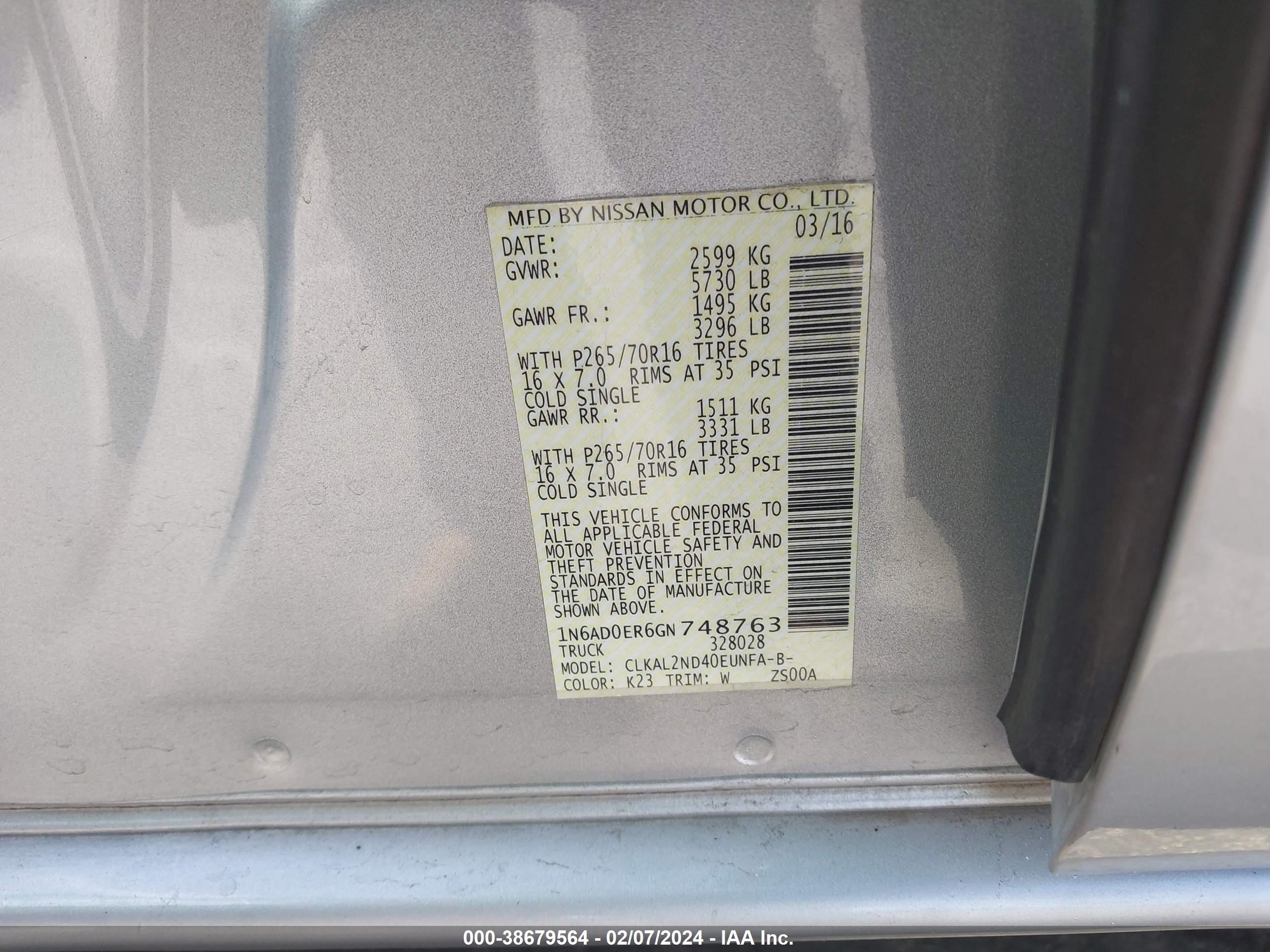 Photo 8 VIN: 1N6AD0ER6GN748763 - NISSAN NAVARA (FRONTIER) 