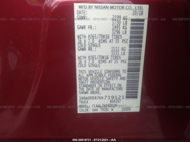 Photo 8 VIN: 1N6AD0ER7KN719121 - NISSAN FRONTIER 