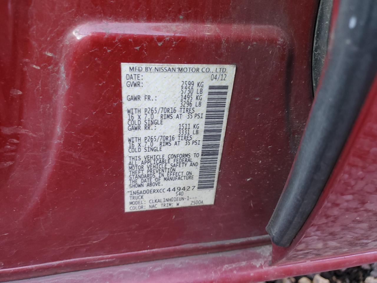 Photo 11 VIN: 1N6AD0ERXCC449427 - NISSAN NAVARA (FRONTIER) 