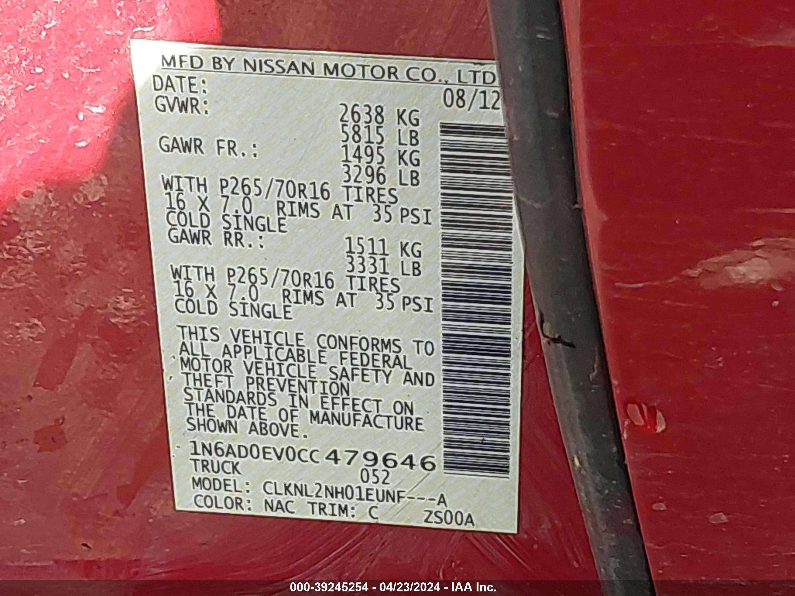 Photo 8 VIN: 1N6AD0EV0CC479646 - NISSAN NAVARA (FRONTIER) 